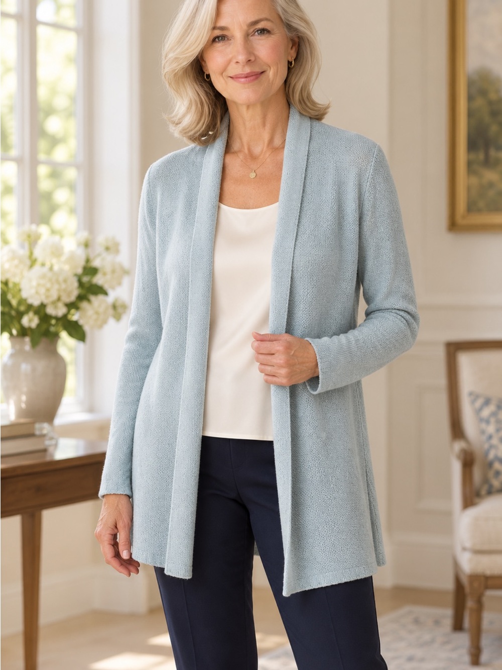 Eileen Fisher silk cardigan.